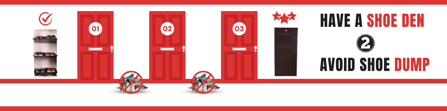 Banner image promoting the Shoeden collection, emphasizing the importance of having a shoe den to avoid shoe dumps and keep your space organized.